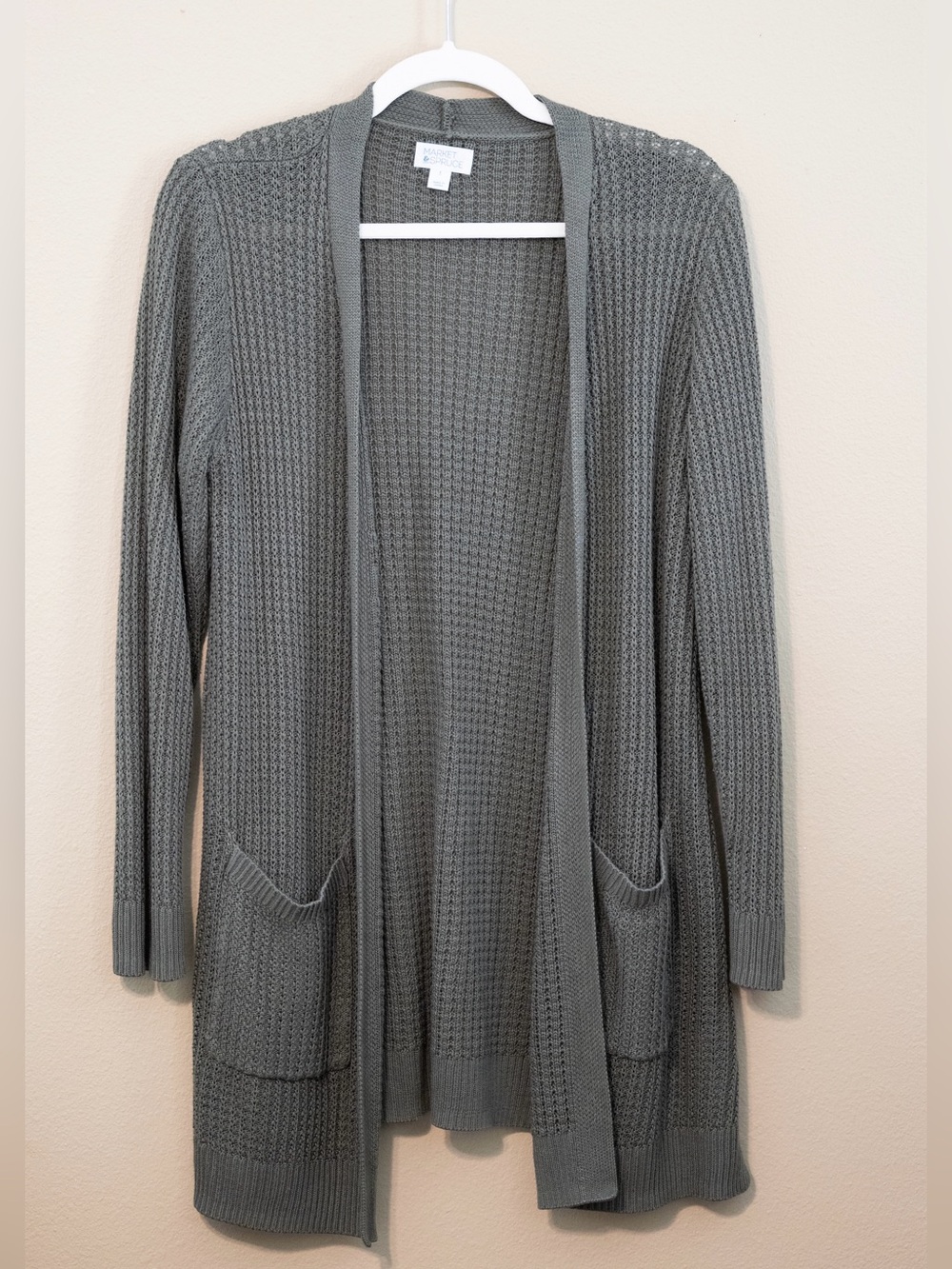 Market & Spruce Green Waffle Knit Open Front Cardigan